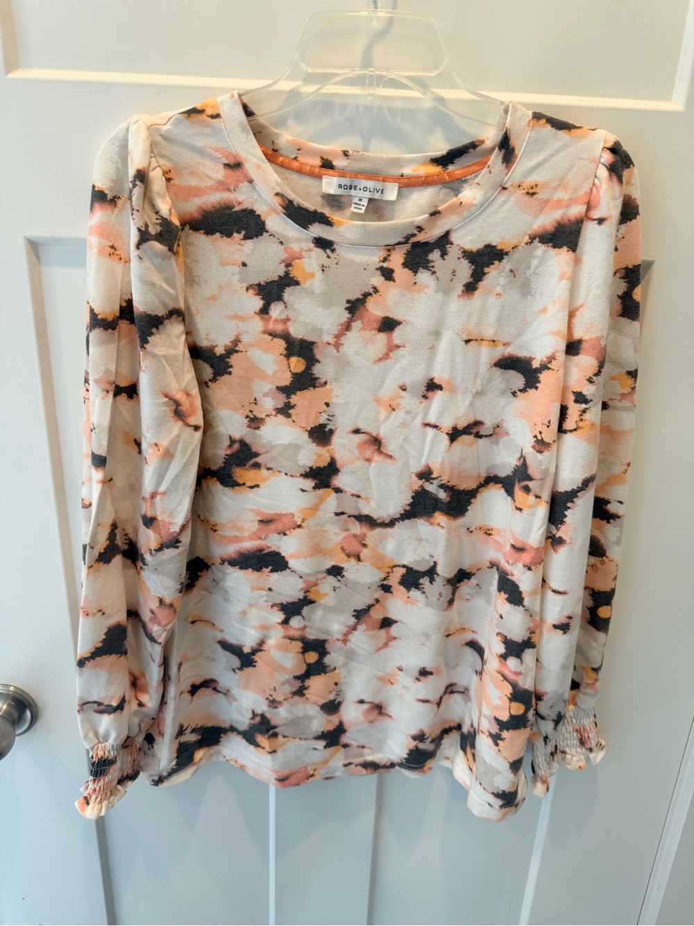 Rose + Olive Medium Abstract Watercolor Long Sleeve Top Smocked Cuffs